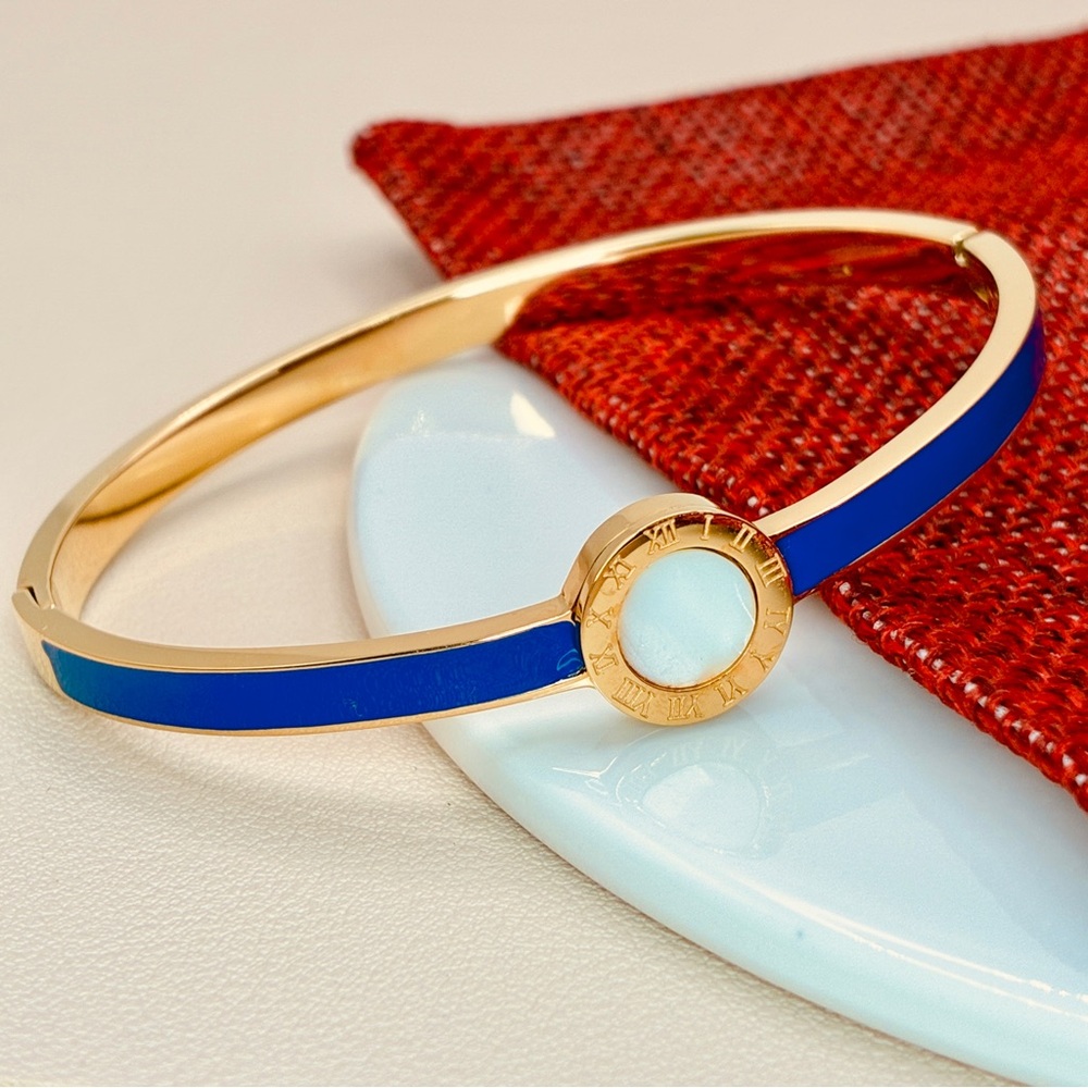 Gold & Blue Mother of Pearl Button Hinge Bangle Stackable Bracelet